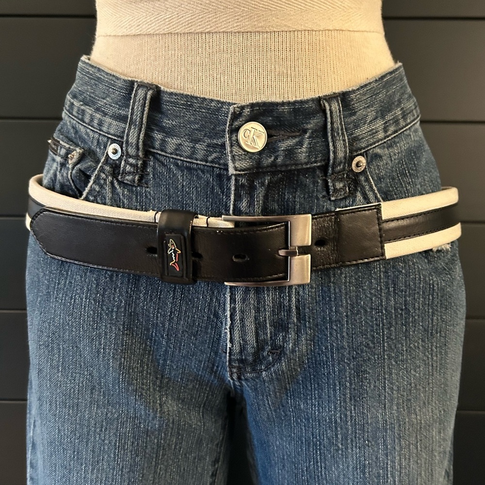 Greg Norman Leather Belt Striped Retro Golf Black Fabric Silver Chrome Modern